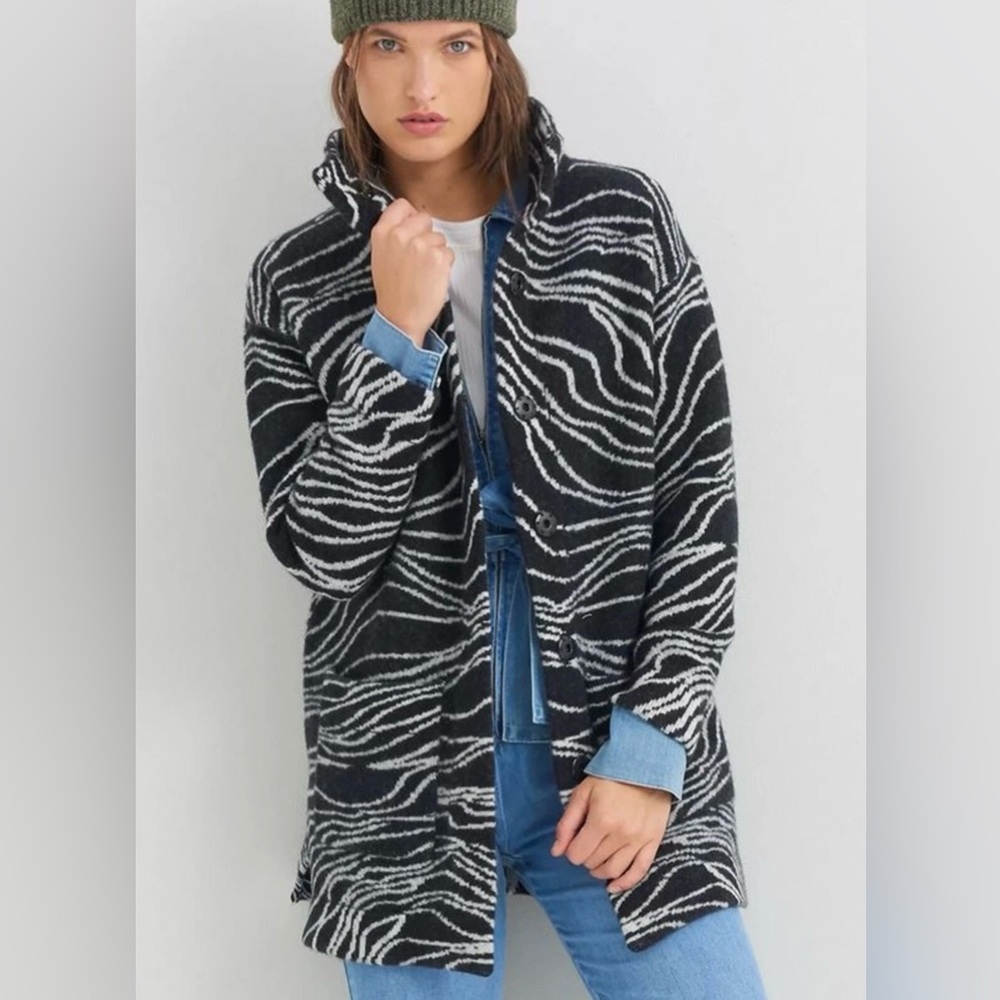 Maeve By Anthropologie Zebra Print Coat Lambswool Black/white Oversized Sz S